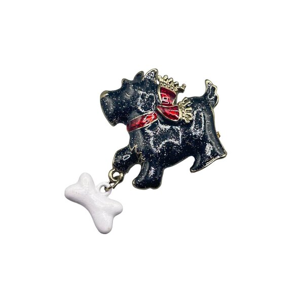 Vintage Enamel Scottie Scottish Terrier Dog Bone Brooch Pin Black Enamel Red Bow - Picture 1 of 5